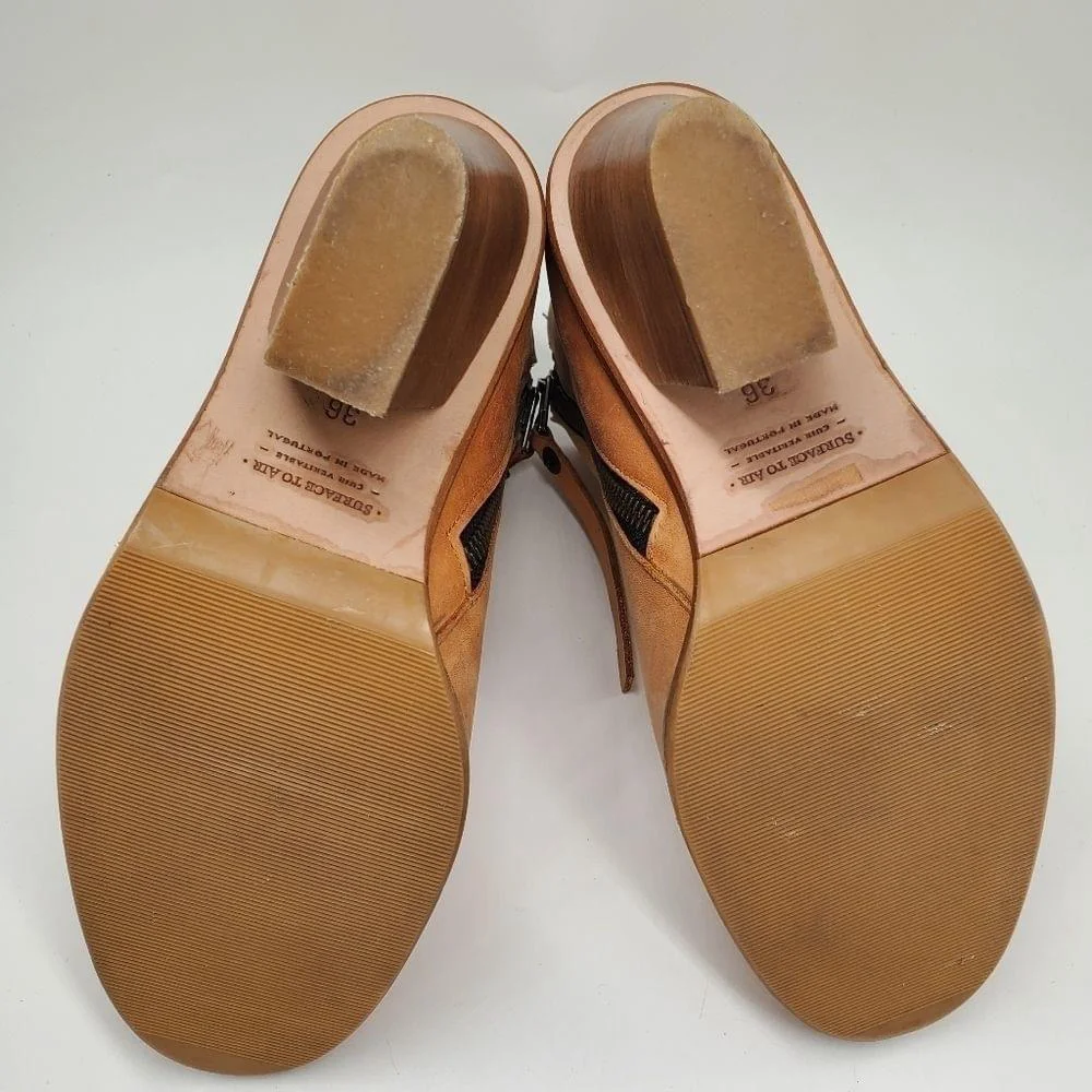 Surface To Air Tan Leather Stacked Block Side-Zip Almond Toe Ankle Boots